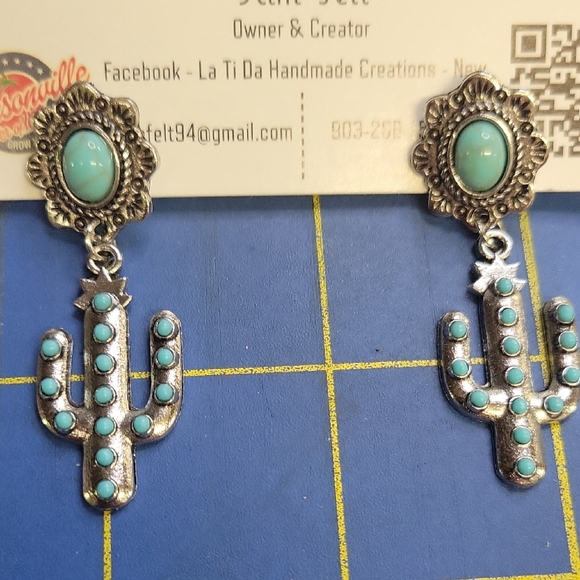 Turquoise Faux Silver Tone Cactus 2" Earrings - Picture 1 of 1